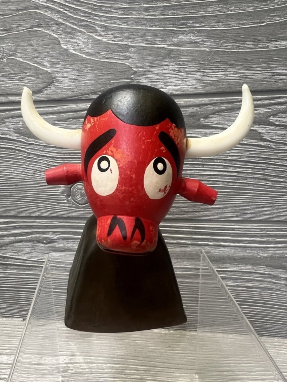 Vintage Ucagco Japan Red Bull Cow Dinner Novelty Bell Noise Maker Wooden Head 6”